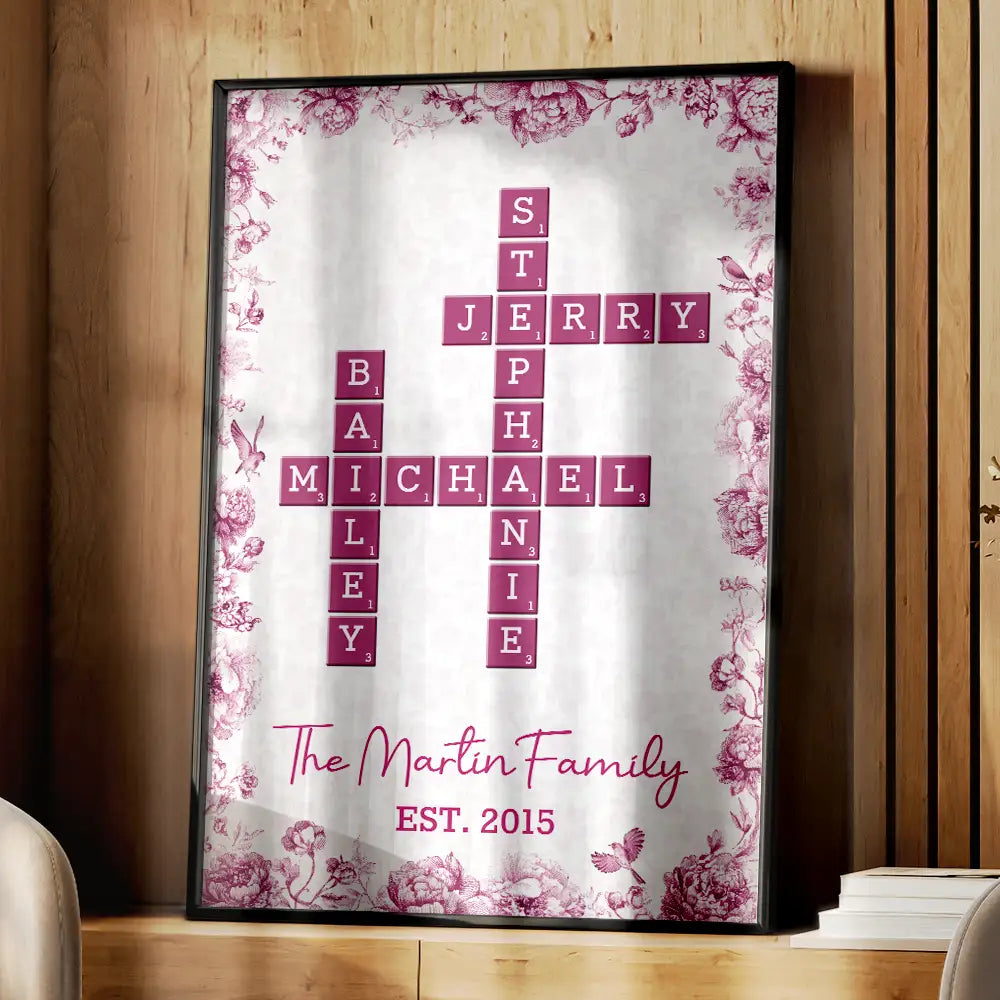 Family,Single Mom,Single Dad,LGBT,Pet Couple,Gift For Women,Gift For Men,Gift For Mother,Gift For Father,Gift For Grandparents,Happy - Crossword Our Family Toile De Jouy - Personalized Poster
