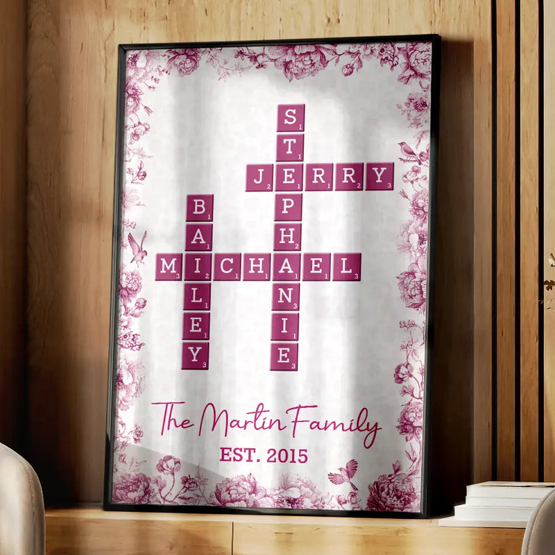 Family,Single Mom,Single Dad,LGBT,Pet Couple,Gift For Women,Gift For Men,Gift For Mother,Gift For Father,Gift For Grandparents,Happy - Crossword Our Family Toile De Jouy - Personalized Poster