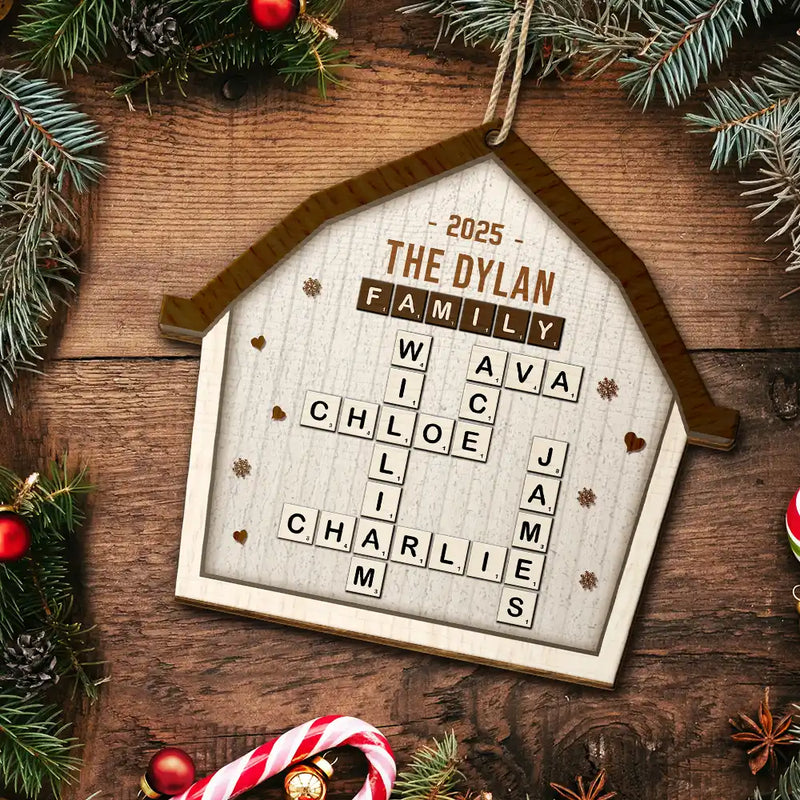 Christmas, Family - Crossword Scrabble Family Name Together In One Home - Personalized Custom Shaped Wooden Ornament
