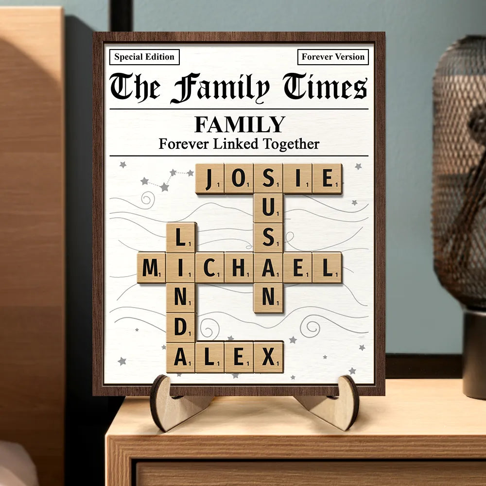 Family,Gift For Mother,Gift For Father,Mom - Daughters (Adult),Mom - Daughters (Young),Mom - Children,Dad - Daughters (Adult),Dad - Daughters (Young),Dad - Sons,Dad - Children,Gift For Sibling,Cousin,Christmas,Love - Crossword The Family Times - Personalized 2-Layered Wooden Plaque With Stand