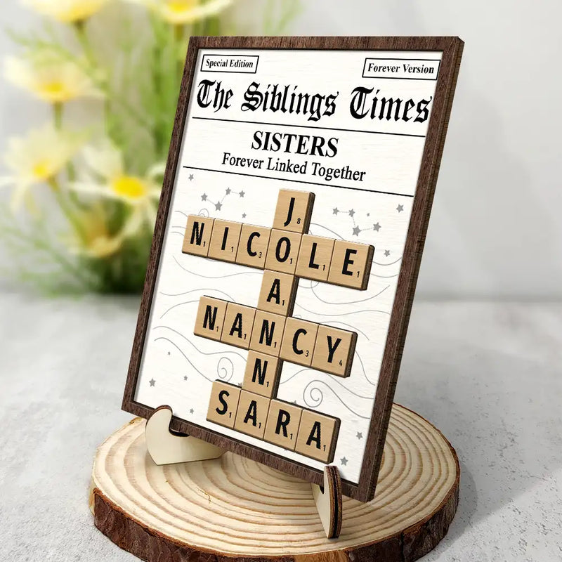 Gift For Sibling, Gift For Sisters, Gift For Brothers, Christmas, Happy - Crossword The Siblings Times - Personalized 2-Layered Wooden Plaque With Stand