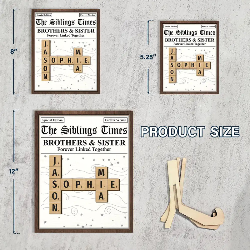 Gift For Sibling, Gift For Sisters, Gift For Brothers, Christmas, Happy - Crossword The Siblings Times - Personalized 2-Layered Wooden Plaque With Stand