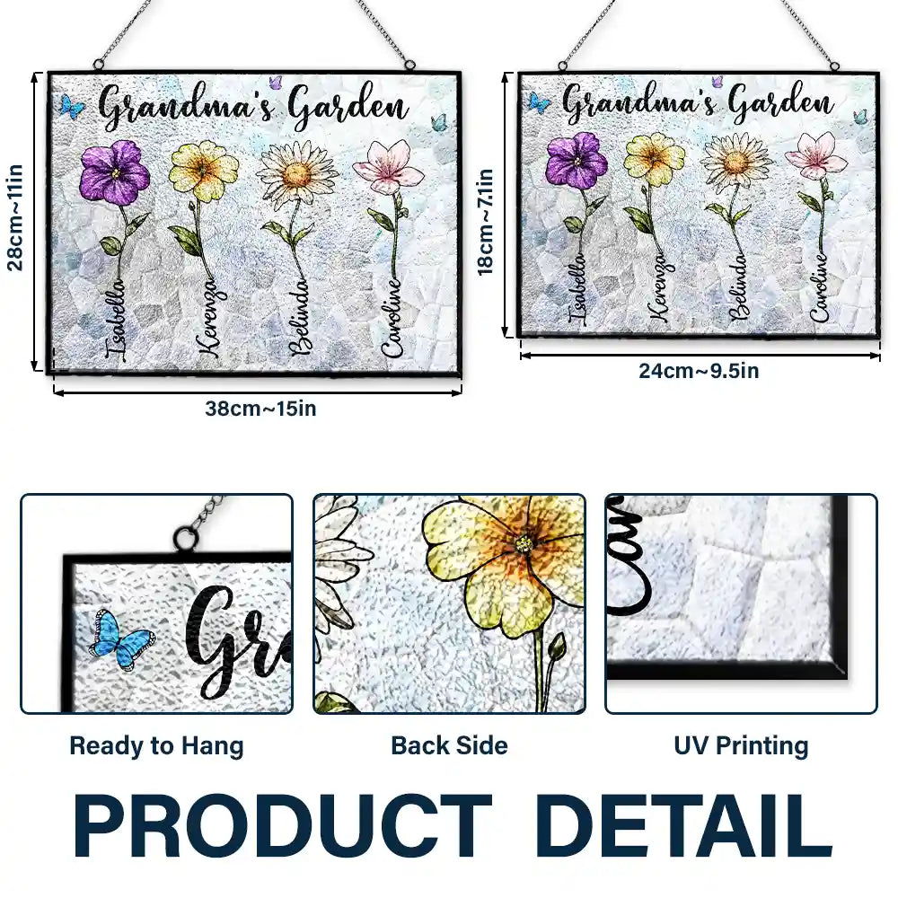 Gift For Grandma,Gift For Mother,Love - Crystal Art Birth Flower Grandma's Garden - Personalized Horizontal Stained Glass Suncatcher