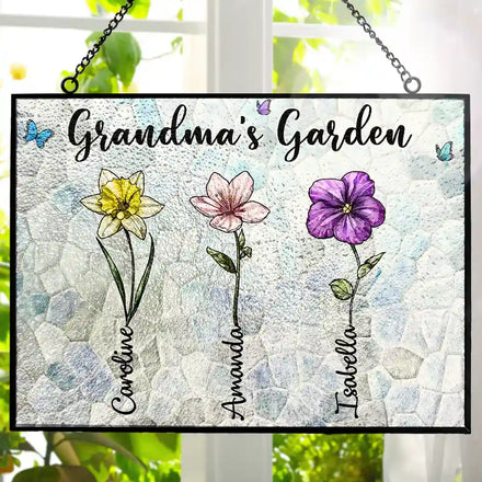 Crystal Art Birth Flower Grandma's Garden - Personalized Horizontal Stained Glass Suncatcher