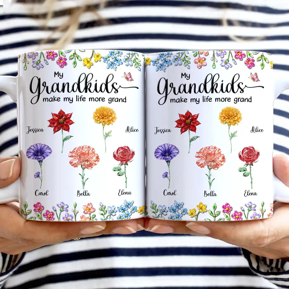 Gift For Grandma, Gift For Women, Happy, Top Market - Crystal Effect Birth Flower Grandkids Make Life More Grand - Personalized White Edge-to-Edge Mug