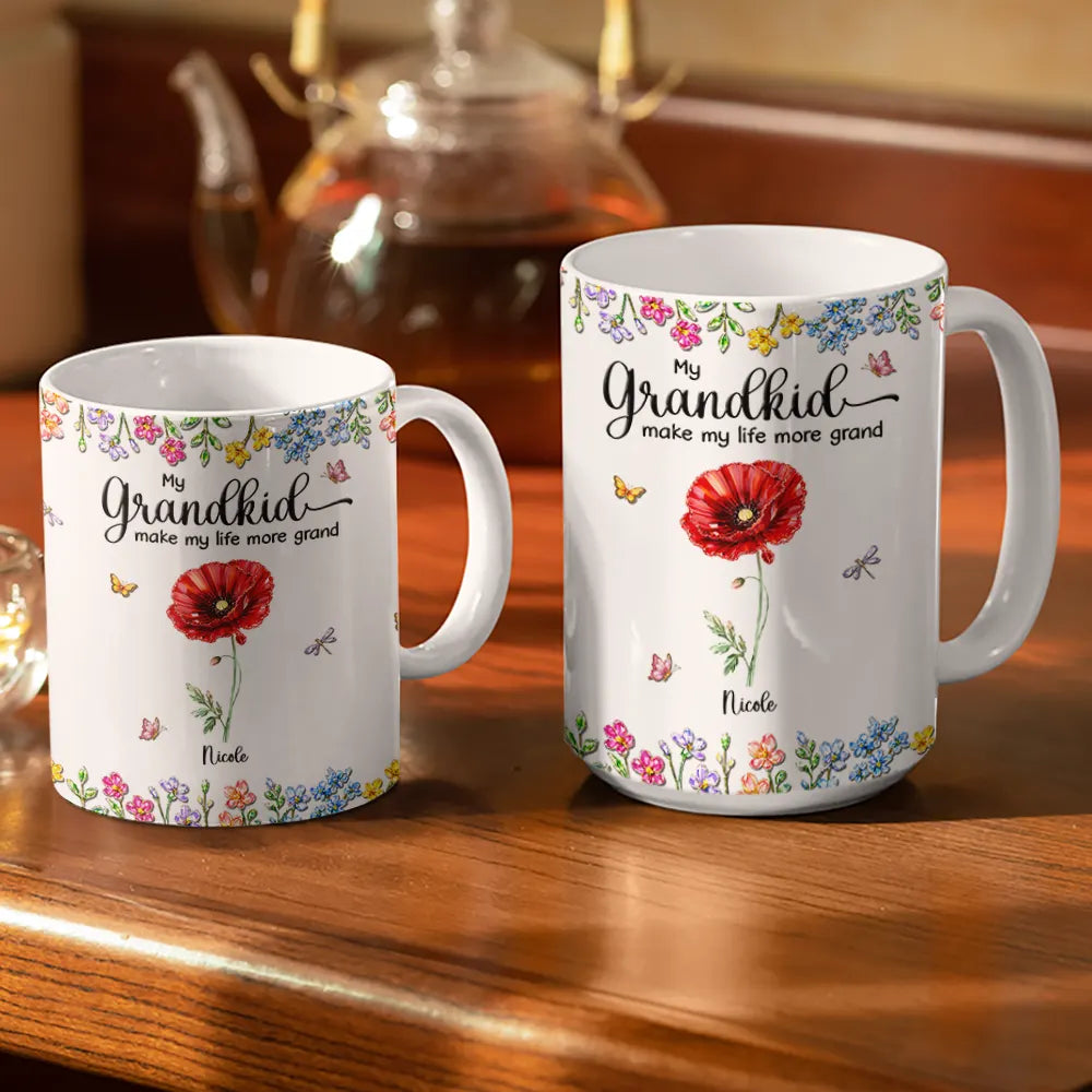 Gift For Grandma, Gift For Women, Happy, Top Market - Crystal Effect Birth Flower Grandkids Make Life More Grand - Personalized White Edge-to-Edge Mug