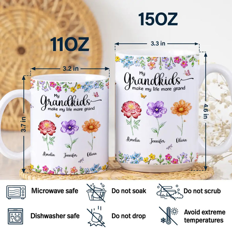 Gift For Grandma, Gift For Women, Happy, Top Market - Crystal Effect Birth Flower Grandkids Make Life More Grand - Personalized White Edge-to-Edge Mug