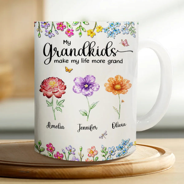 Gift For Grandma, Gift For Women, Happy, Top Market - Crystal Effect Birth Flower Grandkids Make Life More Grand - Personalized White Edge-to-Edge Mug
