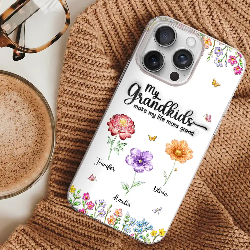 Crystal Effect Birth Flower Grandkids Make Life More Grand - Personalized Clear Phone Case