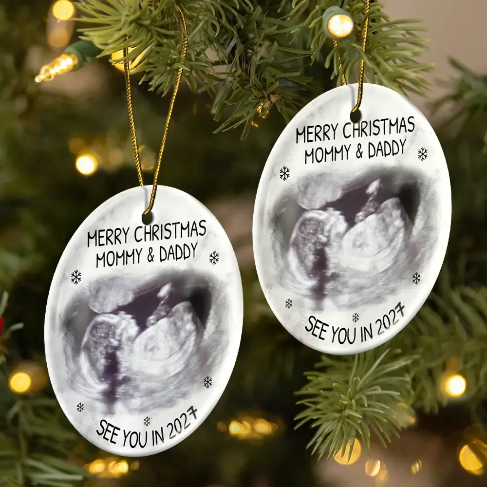 Custom Photo Baby Expecting See You In 2027 - Personalized Circle Ceramic Ornament