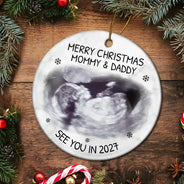 Custom Photo Baby Expecting See You In 2027 - Personalized Circle Ceramic Ornament
