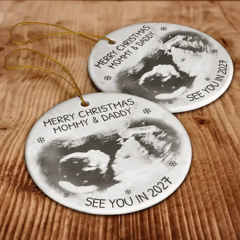 Custom Photo Baby Expecting See You In 2027 - Personalized Circle Ceramic Ornament