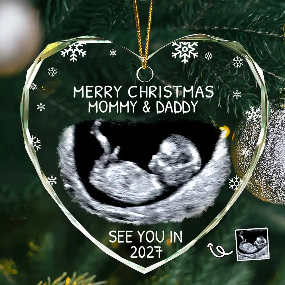 Custom Photo Baby Expecting See You In 2027 - Personalized Heart Shaped Glass Ornament