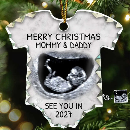 Custom Photo Baby Expecting See You In 2027 - Personalized Onesie Shaped Glass Ornament