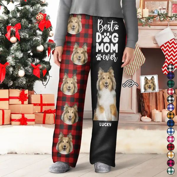 Custom Photo,Dog Lovers,Dog Mom,Pet Lovers,Happy - Custom Photo Best Dog Mom Ever Flannel Pattern - Personalized Pajama Pants
