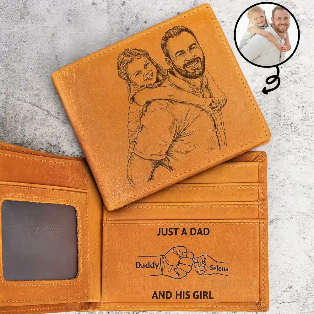 Custom Photo,Gift For Father,Dad - Daughters (Young),Non-Eng,Photo - Pencil Sketch (Bold),Icon,Proud - Custom Photo Bold Sketch Just A Dad And His Girl - Personalized Engraved Leather Wallet