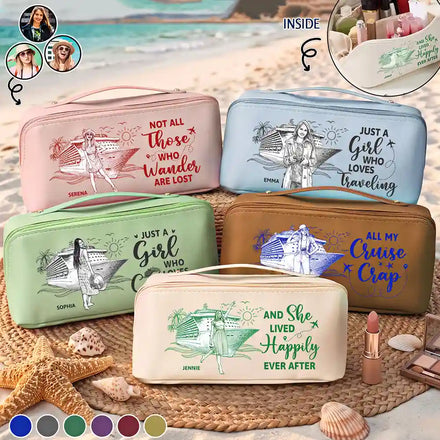 Custom Photo Pencil Sketch Art Travel All My Cruise Crap - Personalized Leather Makeup Bag