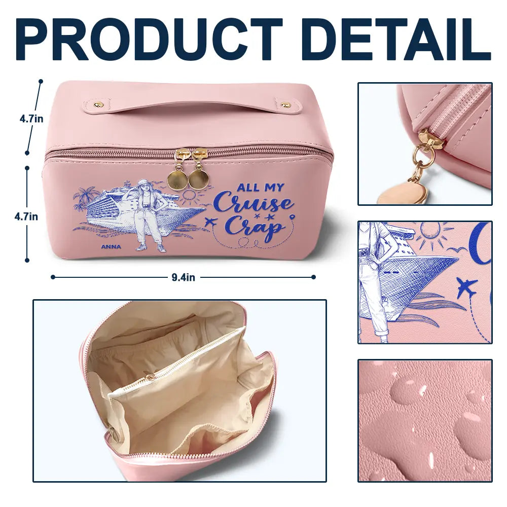 Custom Photo, Art Design, Summer, Cruising, Gift For Yourself, Confident, Photo - Pencil Sketch - White BG - Custom Photo Pencil Sketch Art Travel All My Cruise Crap - Personalized Leather Makeup Bag