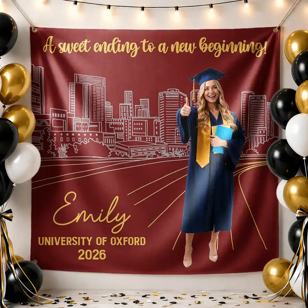 Graduation,Gift For Yourself,Gift For Daughter,Gift For Son,Gift For Bestie,Non-Eng,Photo,Proud - Custom Photo Congrats Grad A Sweet Ending To The New Beginning - Personalized Backdrop
