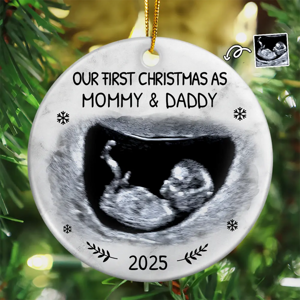 Christmas,Custom Photo,New Dad,New baby,New Mom,Happy - Custom Photo Our First Christmas As Mommy And Daddy Expecting Parents - Personalized Circle Ceramic Ornament