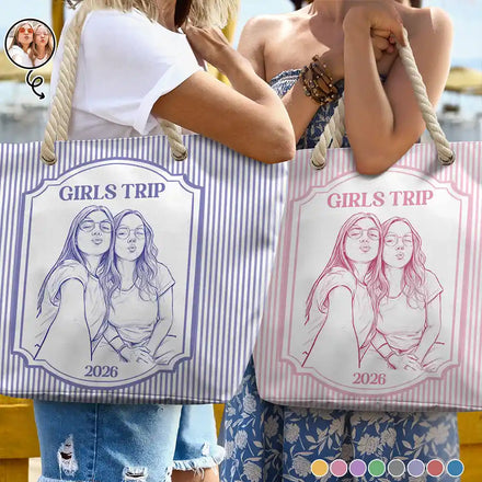 Custom Photo Pencil Sketch Girls Trip Bestie - Personalized Beach Bag
