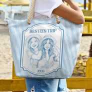 Custom Photo, Art Design, Summer, Gift For Bestie, Confident, Photo - Pencil Sketch - Remove BG - Custom Photo Pencil Sketch Girls Trip Bestie - Personalized Beach Bag