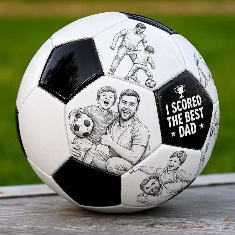 Gift For Father,Custom Photo,Dad - Children,Football (Soccer),Non-Eng,Photo - Pencil Sketch,Proud - Custom Photo Pencil Sketch I Scored The Best Dad - Personalized Soccer Ball