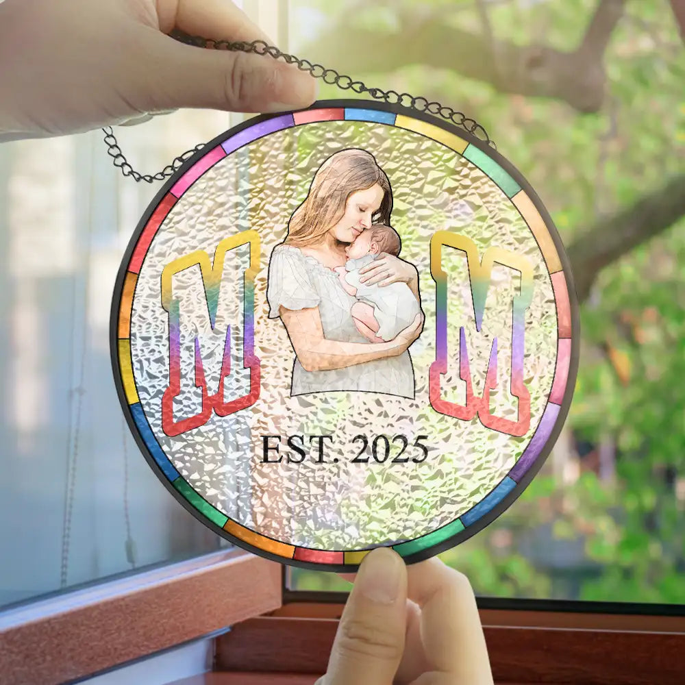 Art Design,Gift For Father,Dad - Children,Happy - Custom Photo Portrait Dad Mom EST, Gift For New Parents - Personalized Stained Glass Window Hanging Suncatcher