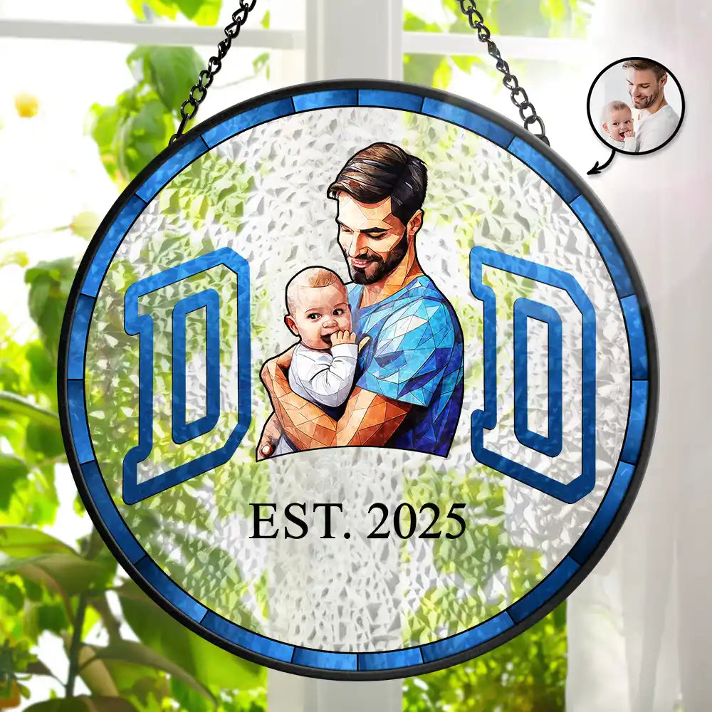 Custom Photo Portrait Dad Mom EST, Gift For New Parents - Personalized Stained Glass Window Hanging Suncatcher
