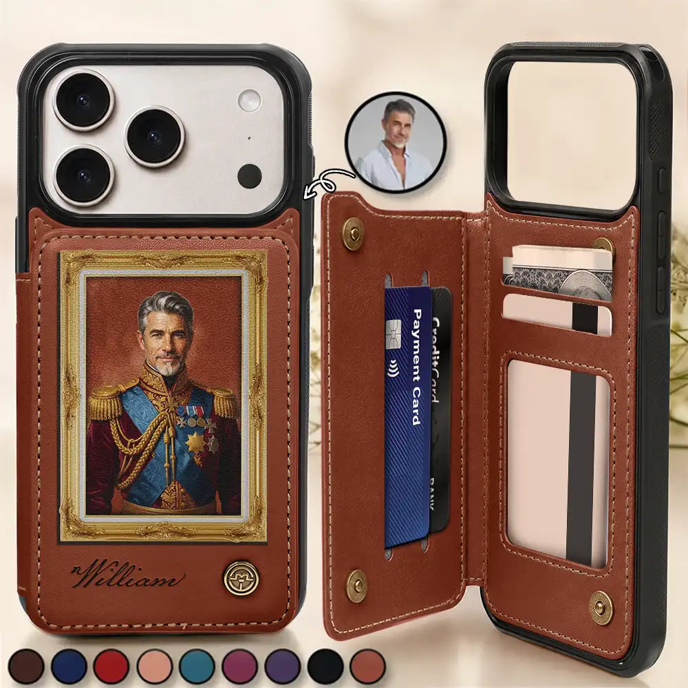 Custom Photo Royal Portrait Art Piece For Men, Dad, Grandpa - Personalized Leather Flip Wallet Phone Case
