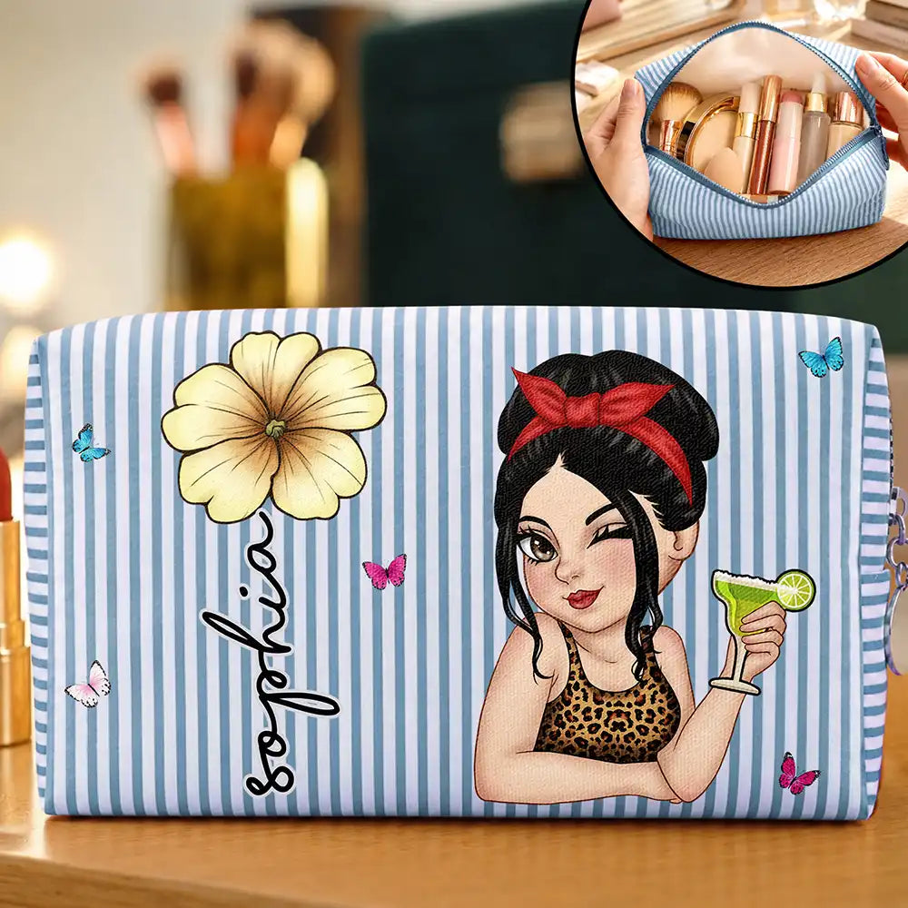 Custom Birth Flower And Name For Her - Personalized Striped Cosmetic Bag