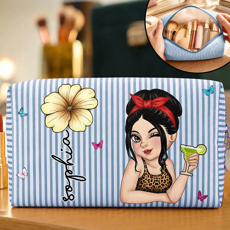 Gift For Yourself,Gift For Women,Summer,Confident,Vector,Icon - Custom Birth Flower And Name For Her - Personalized Striped Cosmetic Bag