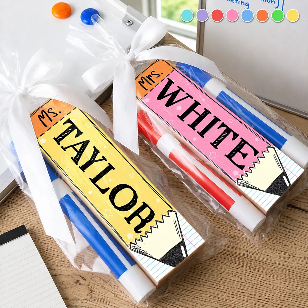 Back To School,Teacher,Proud,Icon - Custom Colorful Pencil Teacher's Name - Personalized Whiteboard Eraser & Marker Set