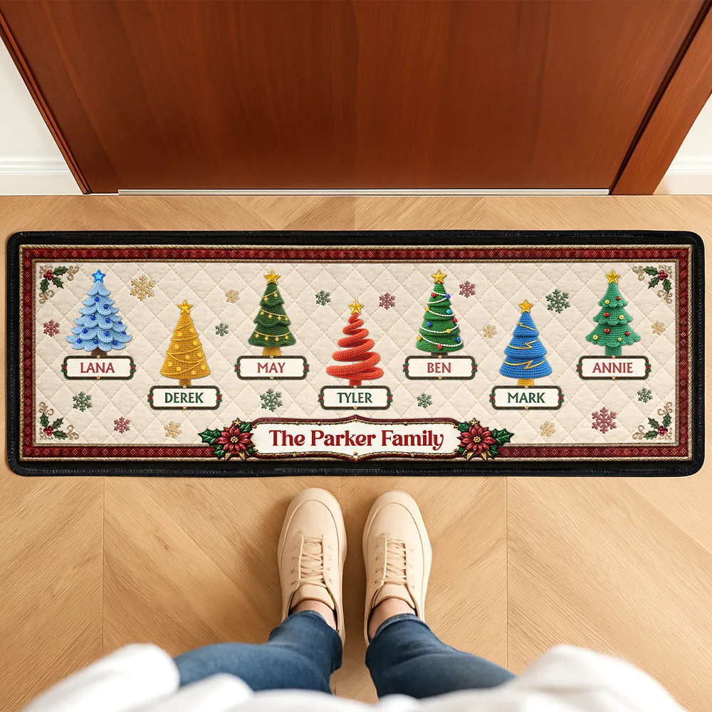 Sentimental,Christmas,Family,Icon - Custom Family Christmas Trees With Faux Quilt Effect - Personalized Runner Rug