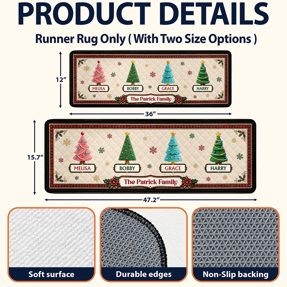 Sentimental,Christmas,Family,Icon - Custom Family Christmas Trees With Faux Quilt Effect - Personalized Runner Rug