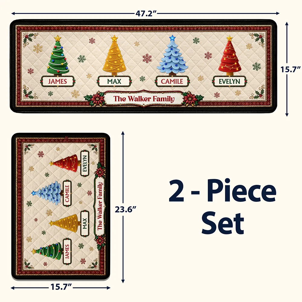Sentimental,Christmas,Family,Icon - Custom Family Christmas Trees With Faux Quilt Effect - Personalized Runner Rug