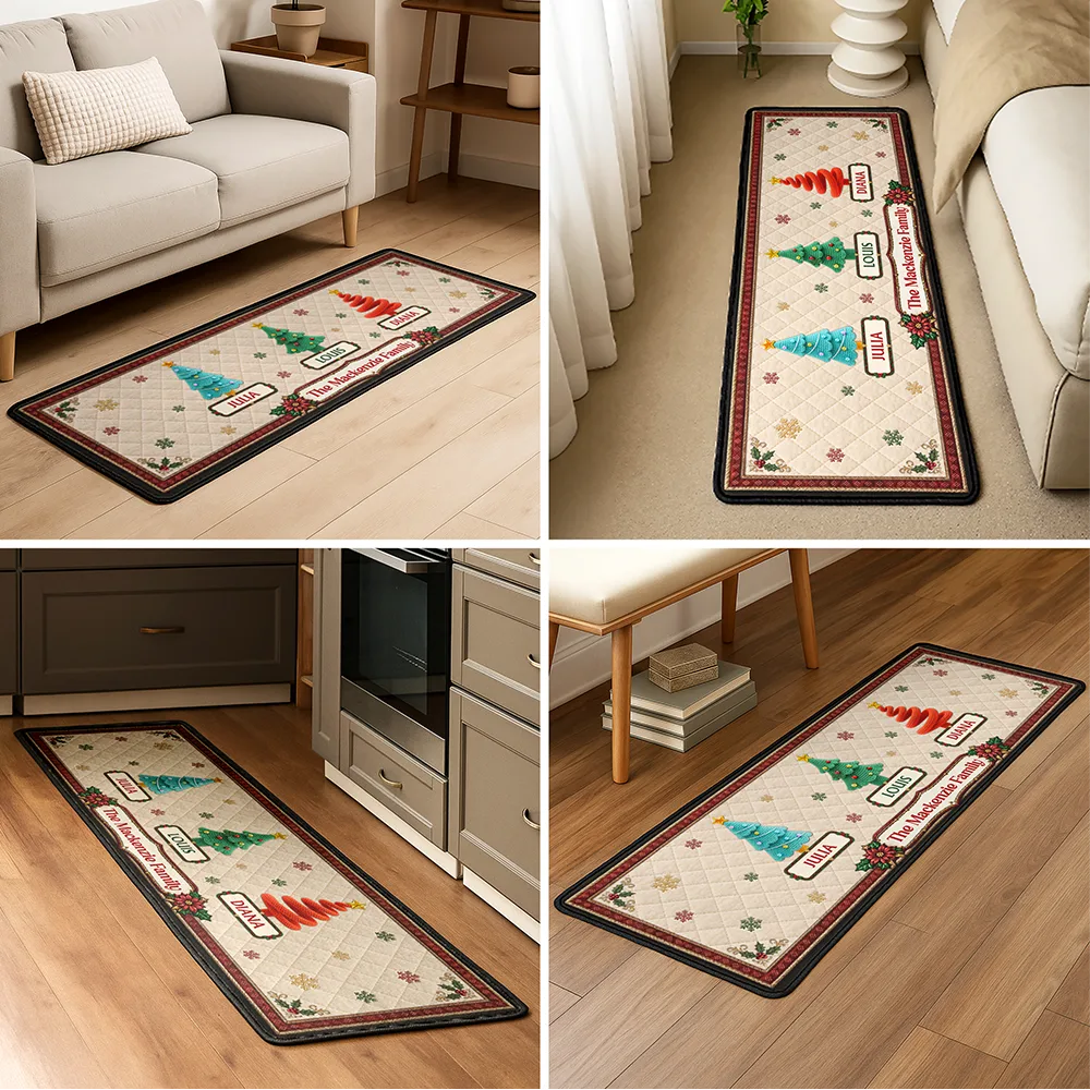 Sentimental,Christmas,Family,Icon - Custom Family Christmas Trees With Faux Quilt Effect - Personalized Runner Rug