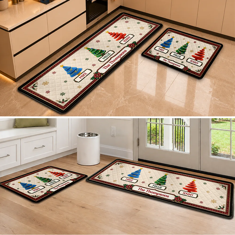 Sentimental,Christmas,Family,Icon - Custom Family Christmas Trees With Faux Quilt Effect - Personalized Runner Rug