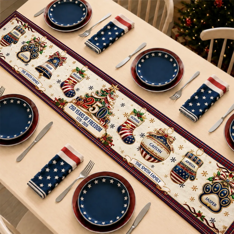 Sentimental,America 250th,Christmas,Family,Icon - Custom Family Name 250 Years Of Freedom Christmas - Personalized Table Runner