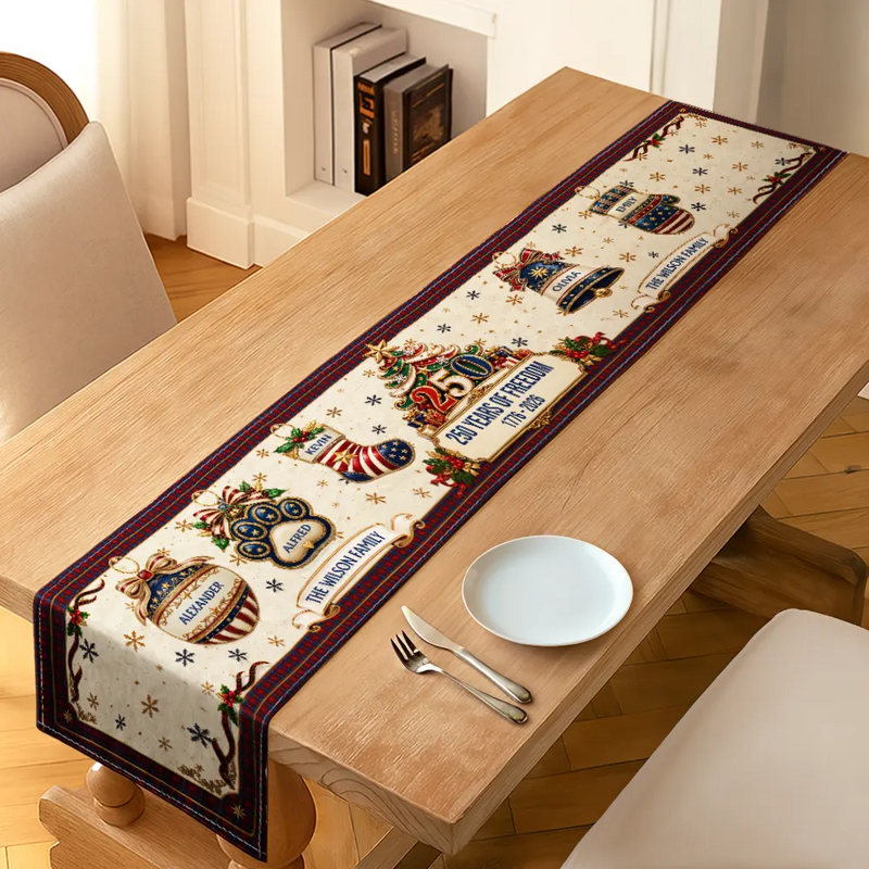 Sentimental,America 250th,Christmas,Family,Icon - Custom Family Name 250 Years Of Freedom Christmas - Personalized Table Runner