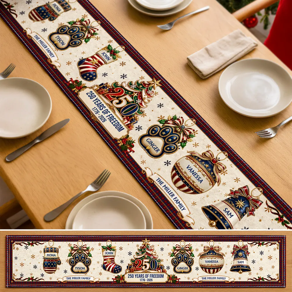 Sentimental,America 250th,Christmas,Family,Icon - Custom Family Name 250 Years Of Freedom Christmas - Personalized Table Runner