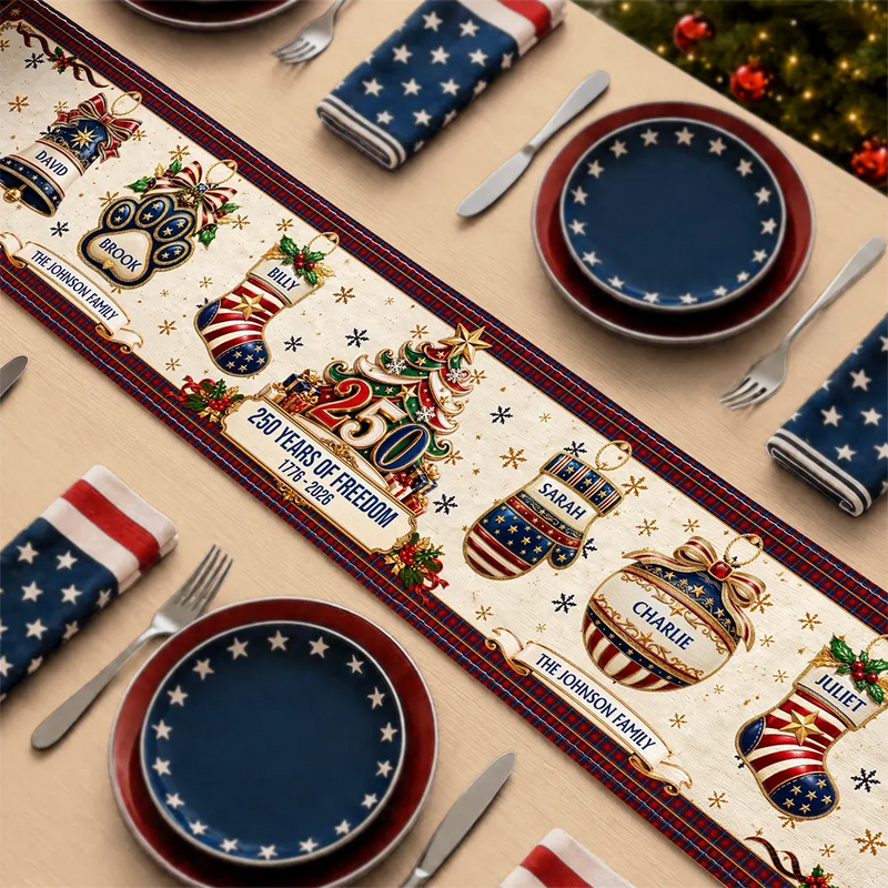 Sentimental,America 250th,Christmas,Family,Icon - Custom Family Name 250 Years Of Freedom Christmas - Personalized Table Runner