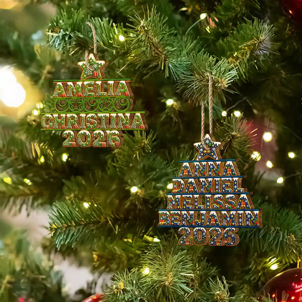 Sentimental,Christmas,Family,Icon - Custom Family Names Christmas Tree - Personalized Custom Shaped Wooden Ornament
