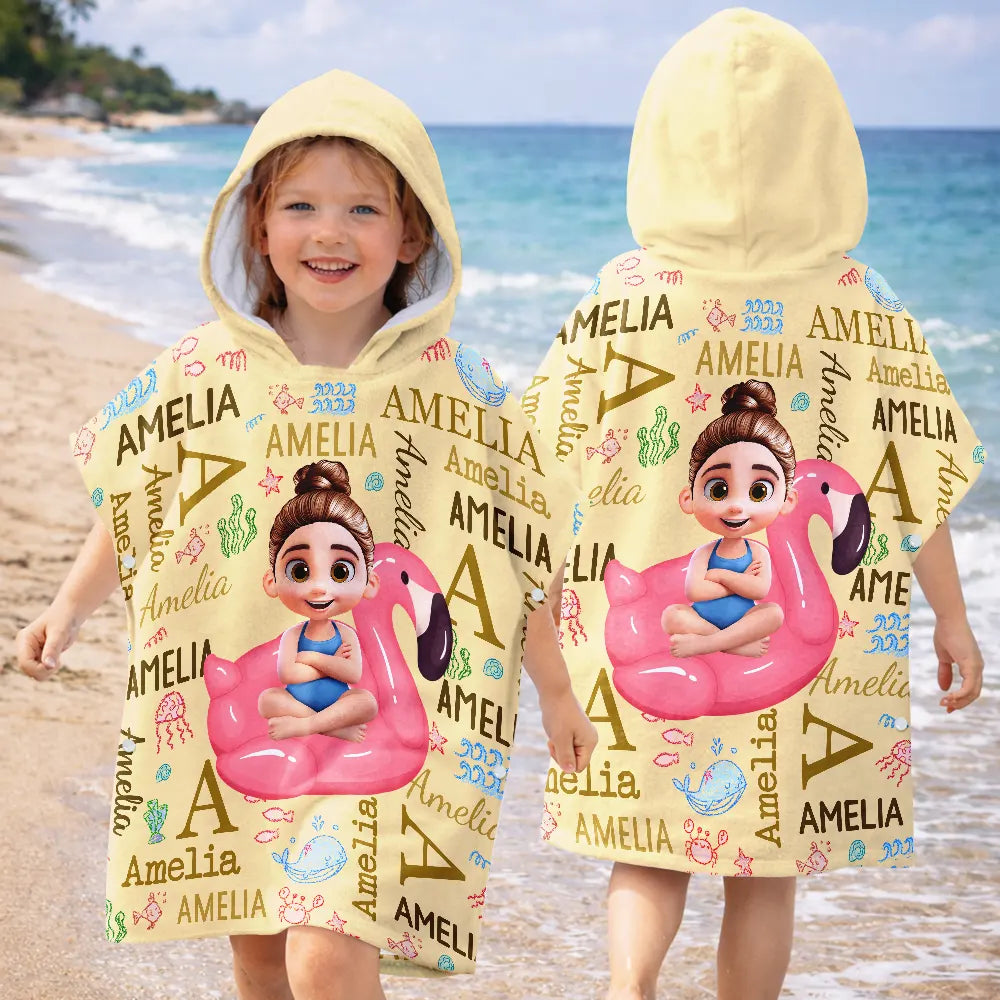 Gift For Kids,Beach,Summer,Adorable,Vector - Custom Kids Name Summer Swim Ring - Personalized Kids Hooded Poncho Towel