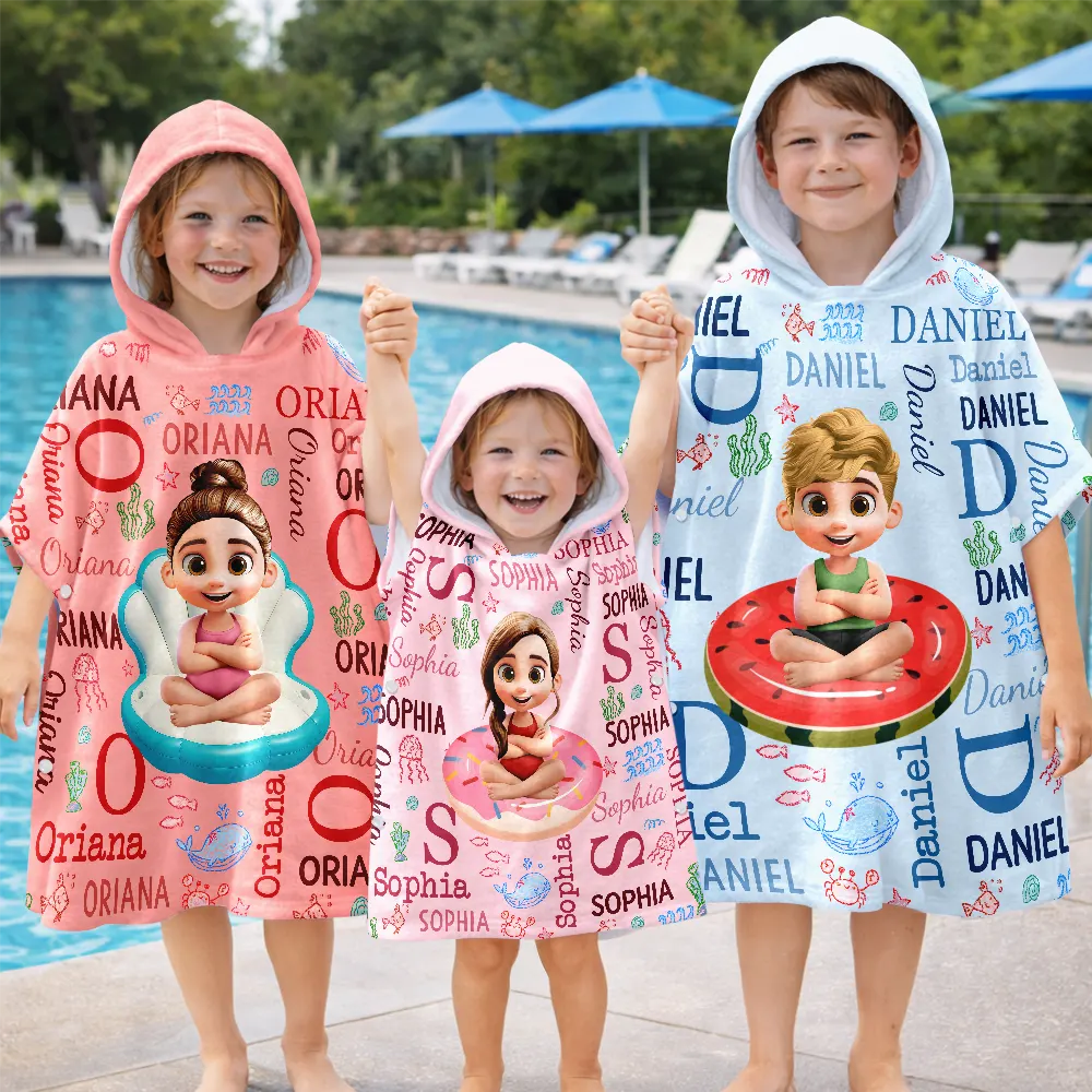 Gift For Kids,Beach,Summer,Adorable,Vector - Custom Kids Name Summer Swim Ring - Personalized Kids Hooded Poncho Towel