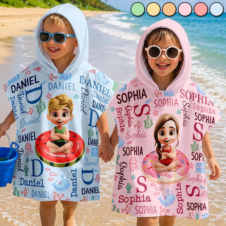 Custom Kids Name Summer Swim Ring - Personalized Kids Hooded Poncho Towel