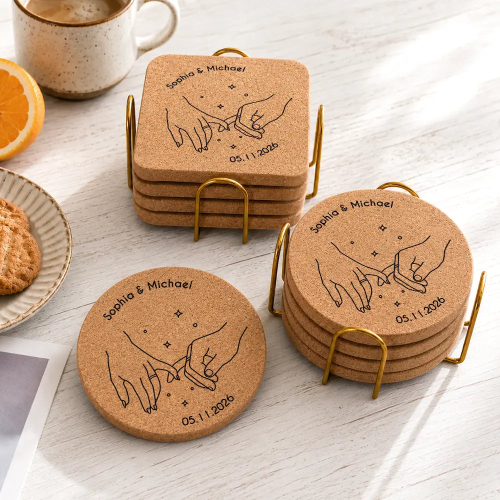 Romantic, Gift For Couples, Wedding, Monogram - Custom Name And Date Wedding Favors - Personalized Cork Coaster