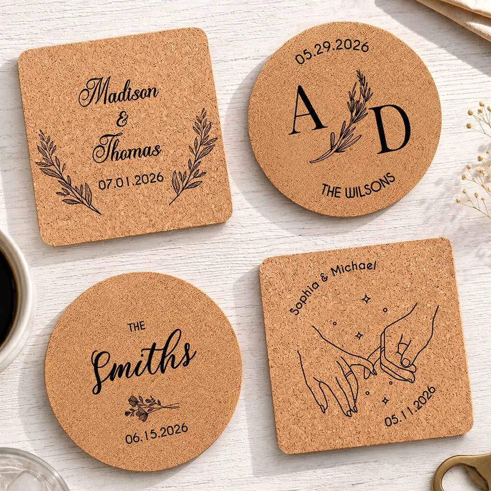 Romantic, Gift For Couples, Wedding, Monogram - Custom Name And Date Wedding Favors - Personalized Cork Coaster