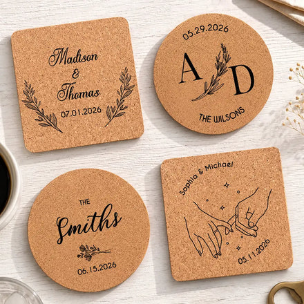 Custom Name And Date Wedding Favors - Personalized Cork Coaster