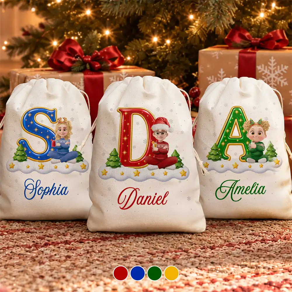 Custom Name Christmas Initial Letter With Character Gift For Family Kids - Personalized Favor Bag